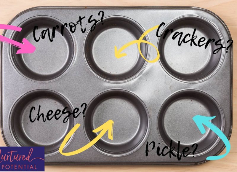 empty muffin tin with snack ideas listed