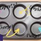 empty muffin tin with snack ideas listed